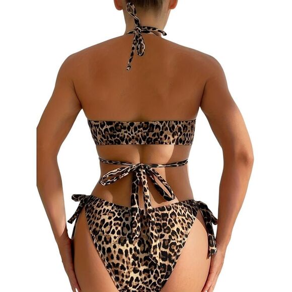 Leopard Print Halter Neck Bikini Set Cross Strape Details Size S - Picture 7 of 8